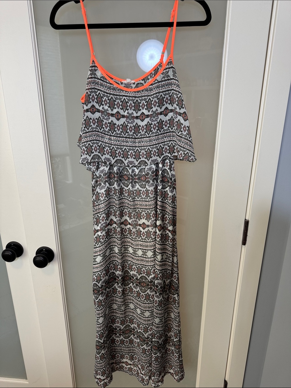 En Creme Maxi Dress with Neon Orange Straps and Monochrome Geometric Print
